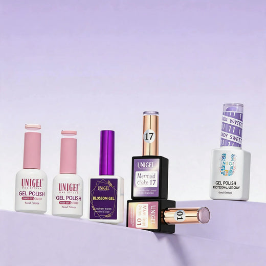 Unigel gel polish, top coat and builder gel bottles on a lilac display
