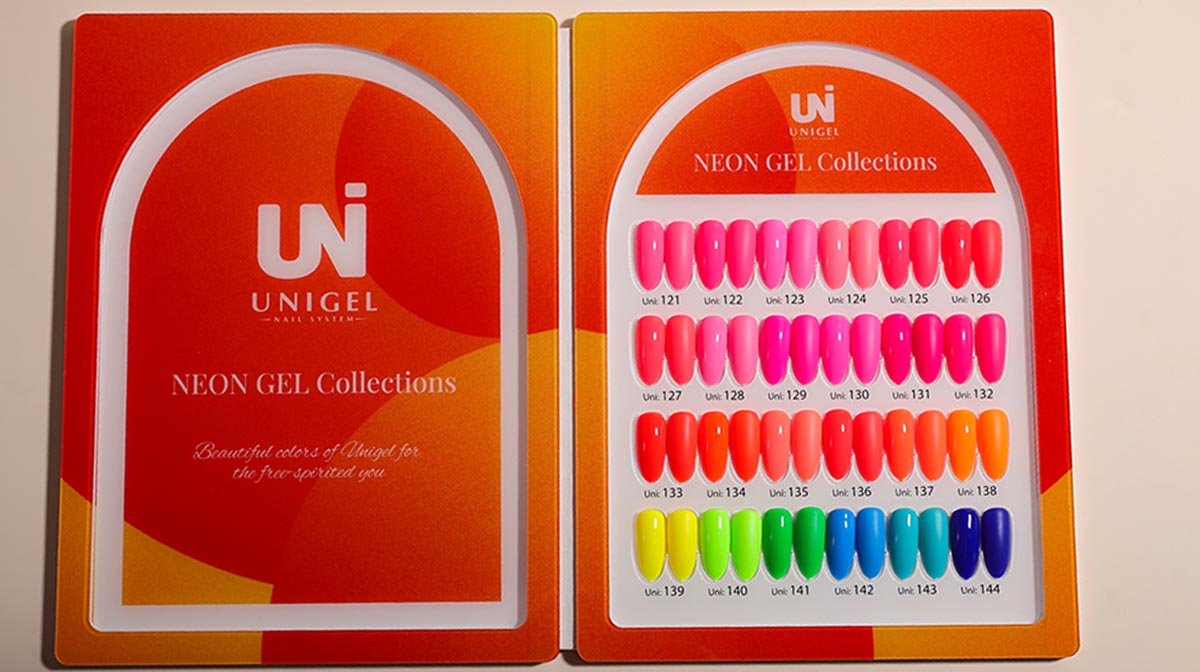 A Unigel shade card showing the neon gel collection, each swatch labelled with its shade number