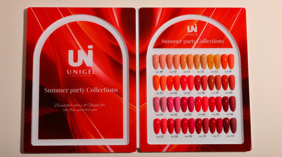 Unigel colour display boards showing hundreds of gel polish shades side by side