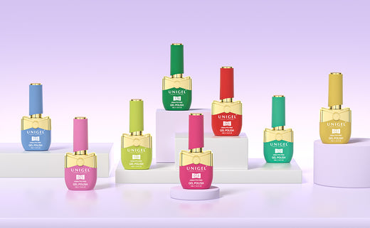 Unigel builder gel in a bottle, shown in three shades